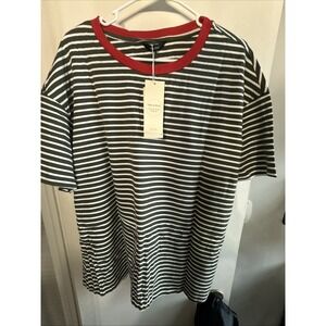 Womens 2XL Striped T-Shirt Red Collar Casual Short Sleeve Top Green White NWT
